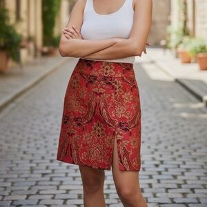 Cambridge Dry Goods Barocco Red and Gold Floral Pencil Skirt with waist panel